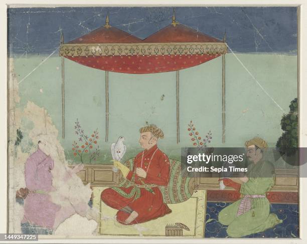 The Mughal emperor Jahangir sitting under a canopy on a terrace in the company of Prince Khurram and a falconer, Jahangir sitting under a canopy on a...