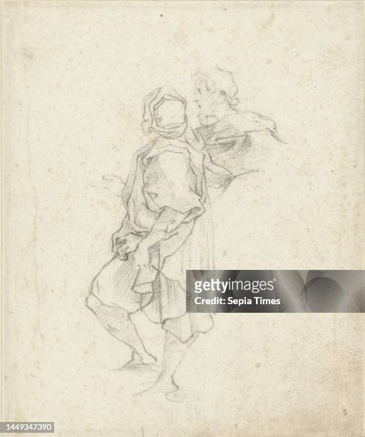 Sketch of two standing men, after: Ventura Salimbeni, draughtsman: anonymous, Midden-Italië, 1590 - 1620, paper, h 220 mm × w 182 mm.