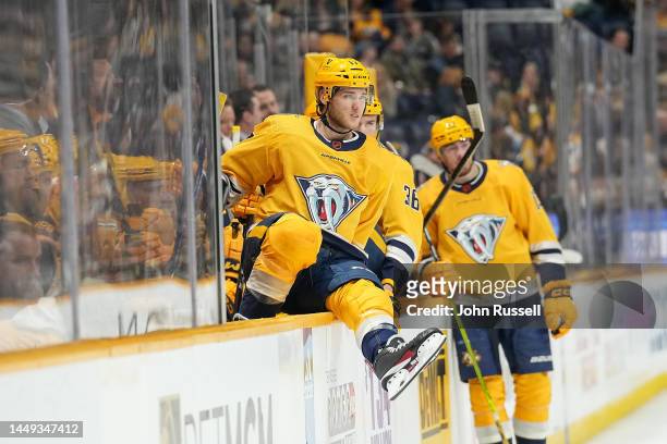Mark Jankowski of the Nashville Predators takes the ice for a shift against the Edmonton Oilers during an NHL game at Bridgestone Arena on December...