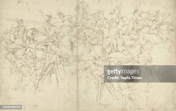 Design for a fresco, Fight of cavalry against foot soldiers, draughtsman: anonymous, Noord-Italië, c. 1500, paper, pen, h 340 mm × w 540 mm.