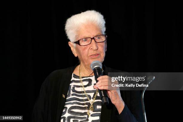 Dawn Fraser AC MBE speaks during the Sport Australia Hall of Fame Victorian Celebration at Melbourne Cricket Ground on December 15, 2022 in...