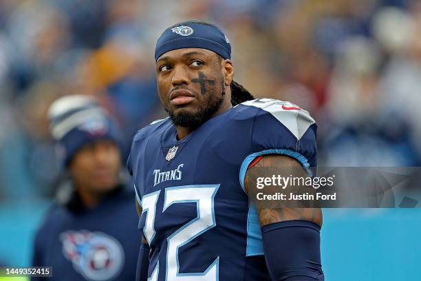 Derrick Henry of the Tennessee Titans during the game against the Jacksonville Jaguars at Nissan Stadium on December 11, 2022 in Nashville, Tennessee.