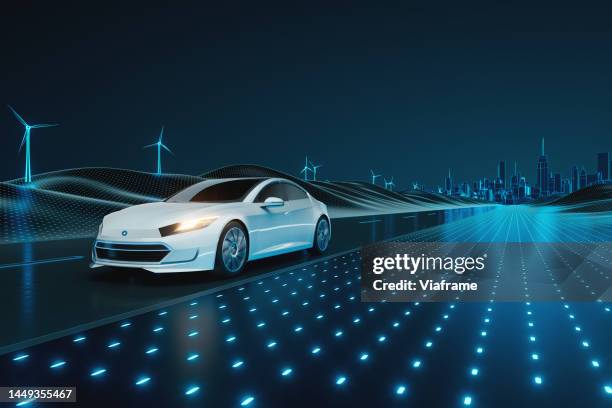 electric car digital landscape v04 - futuristic car design stock pictures, royalty-free photos & images