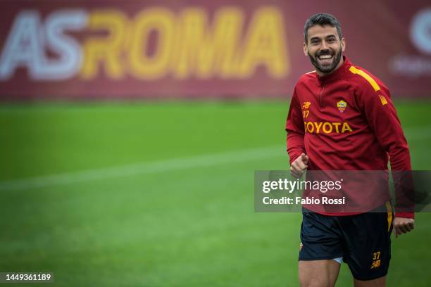 Roma player Leonardo Spinazzola during a training session at Centro Sportivo Fulvio Bernardini on December 15, 2022 in Rome, Italy.