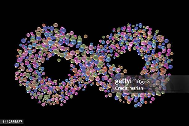 unlimited symbols with black background and a group of colorful balls - noeud coulant en huit photos et images de collection