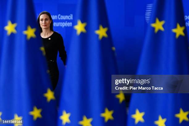 Prime Minister of Finland Sanna Marin arrives at the European Council Meeting on December 15, 2022 in Brussels, Belgium. EU heads of state or...