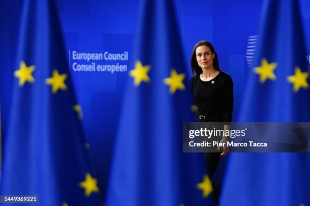 Prime Minister of Finland Sanna Marin arrives at the European Council Meeting on December 15, 2022 in Brussels, Belgium. EU heads of state or...