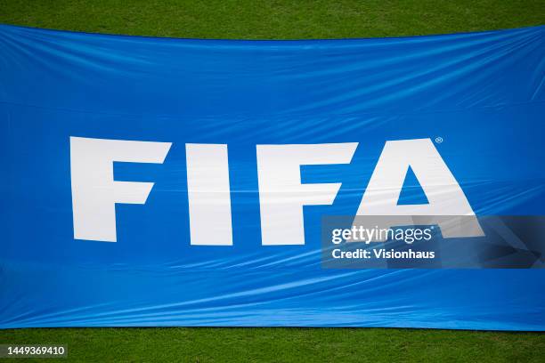 The FIFA logo on a banner before the FIFA World Cup Qatar 2022 semi final match between France and Morocco at Al Bayt Stadium on December 14, 2022 in...