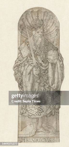 German Emperor Henry II in a niche, Heinrich Aldegrever, 1512 - 1558, The German Emperor Henry II, full-length, with crown, Reich's apple and Reich's...