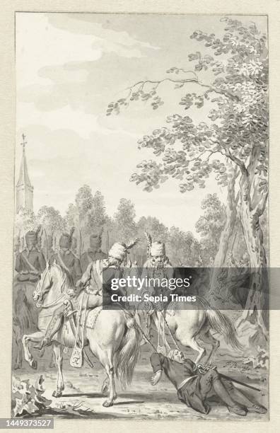 Cluwer mistreated by the Prussian hussars, Jacobus Buys, c. 1734 - c. 1801, Cluwer, teacher at Sluipwijk, mistreated by the Prussian hussars. Design...