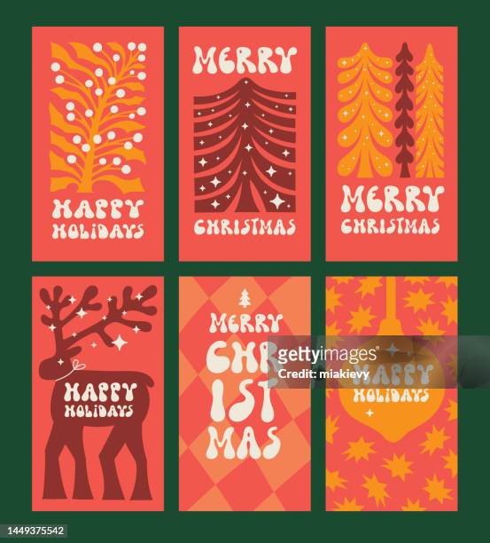 ハッピーホリデーグルーヴィーカードセット - hand drawn christmas card with reindeer点のイラスト素材／クリップアート素材／マンガ素材／アイコン素材