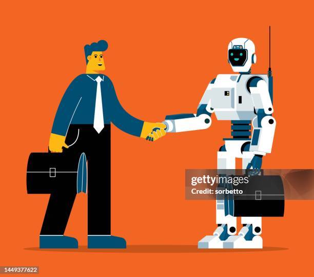 businessman and robot shaking hands - robot funny stock illustrations