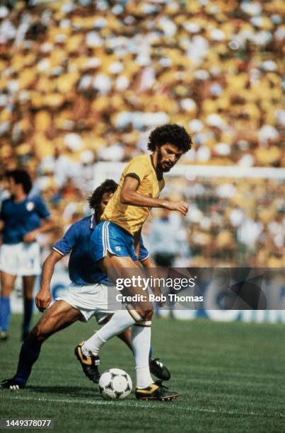Brazilian team captain Sócrates in action against Italy in their Second group stage match at the 1982 FIFA World Cup at Sarrià Stadium, Barcelona,...