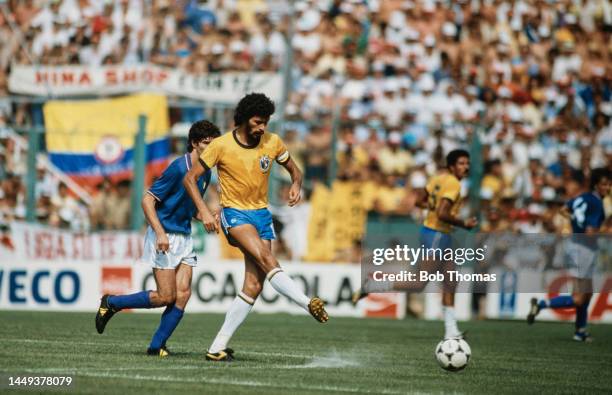 Brazilian team captain Sócrates in action against Italy in their Second group stage match at the 1982 FIFA World Cup at Sarrià Stadium, Barcelona,...