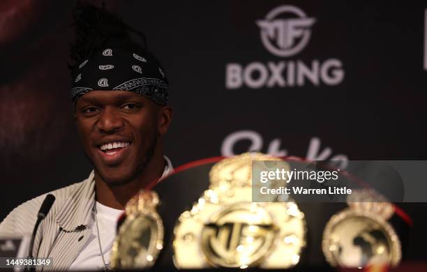 Speaks at a press conference ahead of the KSI v Dillon Danis fight at Glaziers Hall on December 15, 2022 in London, England.