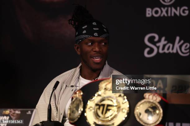 Speaks at a press conference ahead of the KSI v Dillon Danis fight at Glaziers Hall on December 15, 2022 in London, England.