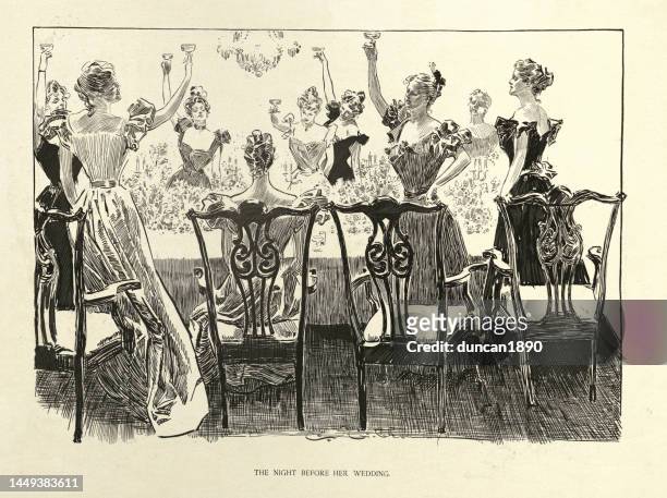 night before her wedding, toasting the bride, high society hen party, american art 19th century - female friendship painting stock illustrations