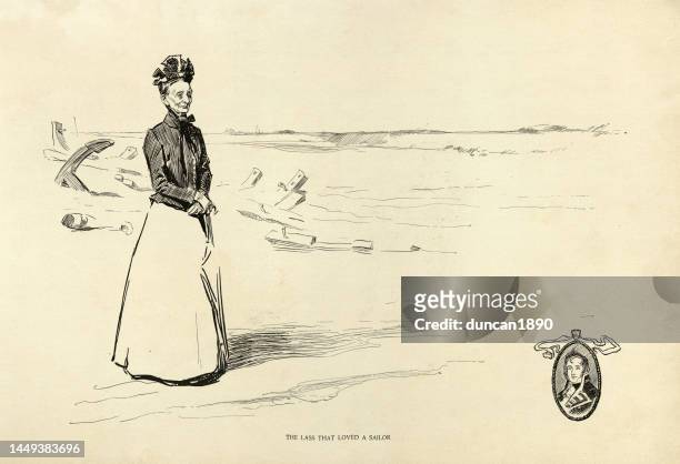 the lass that loved a sailor, old woman standing on the shore thinking of her lost love, american art 19th century - senior water women stock illustrations