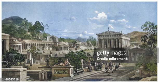 old engraved illustration of visual reconstruction of the temple of jupiter optimus maximus at olympia in ancient rome - small town in elis on the peloponnese peninsula in greece, site was a major panhellenic religious sanctuary of ancient greece - roman civilization stock pictures, royalty-free photos & images