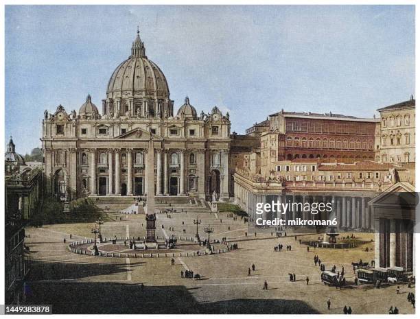 old engraved illustration of st. peter's square, rome, italy - st peter's square stock pictures, royalty-free photos & images