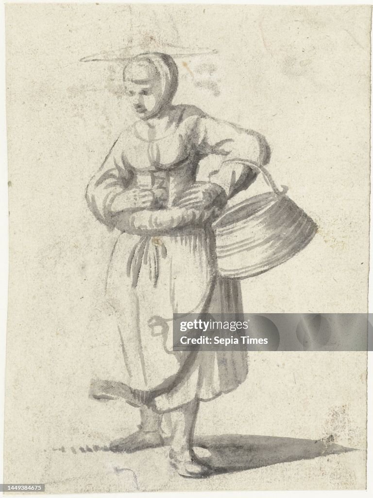 Bucket Woman Woman with a straw hat and a bucket on her arm, Harmen ter Borch, c ...