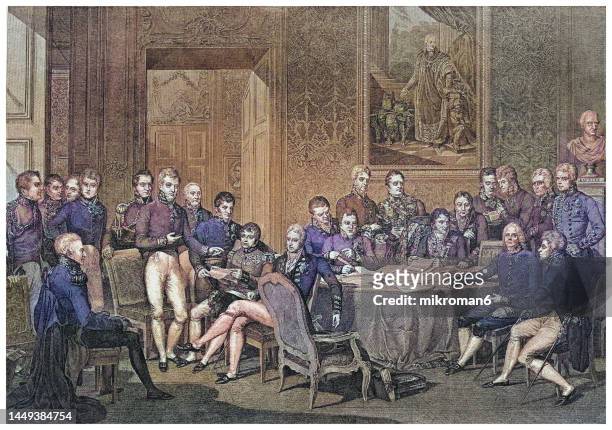 old engraved illustration of the congress of vienna of 1814–1815 was an international diplomatic conference to reconstitute the european political order after the downfall of the french emperor napoleon i - diplomacy stock-fotos und bilder