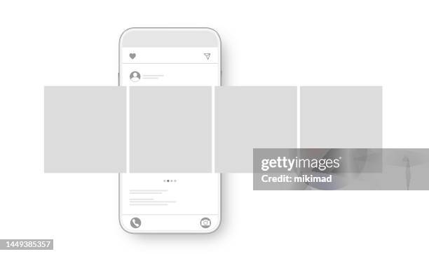 illustrazioni stock, clip art, cartoni animati e icone di tendenza di smartphone con post di interfaccia carosello sul social network. concetto di social media design. illustrazione vettoriale. - carousel