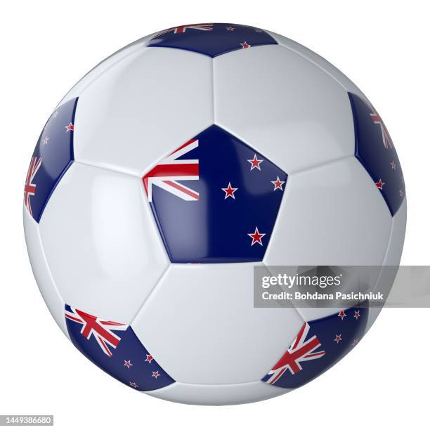 White football ball with New Zealand flag on white background. Isolated. Leather soccer ball. Classic ball with patches. Flags of countries. 3D illustration.