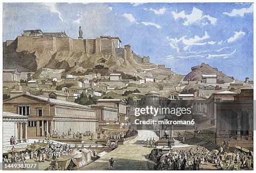 Old engraved illustration of reconstruction of the ancient city of Athens