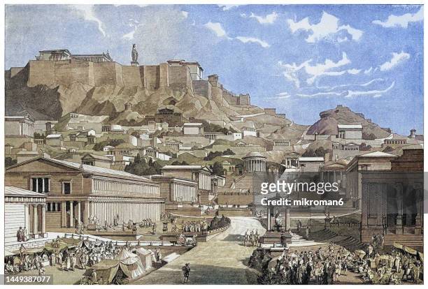 old engraved illustration of reconstruction of the ancient city of athens - athens stock pictures, royalty-free photos & images