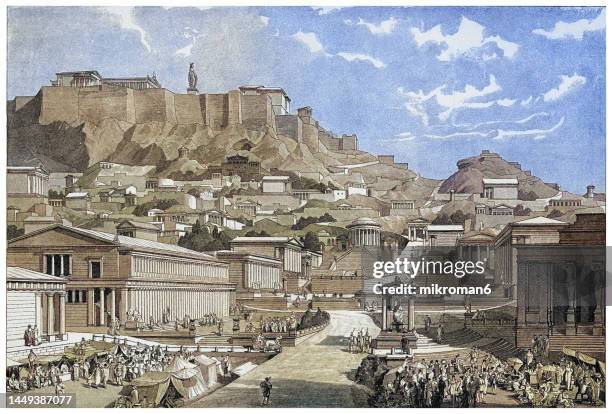 old engraved illustration of reconstruction of the ancient city of athens - athens greece - fotografias e filmes do acervo