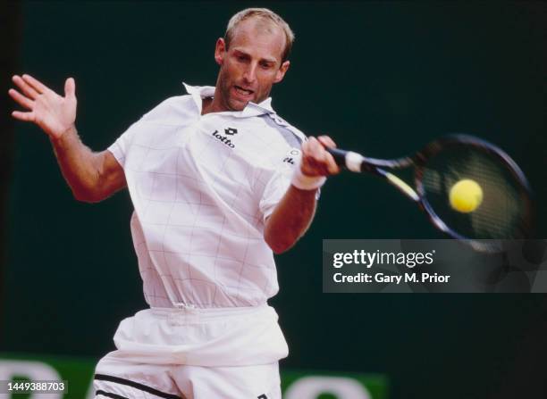 Thomas Muster from Austria plays a forehand return to Fabrice Santoro of France during their Men's Singles Second Round match at the Monte Carlo Open...