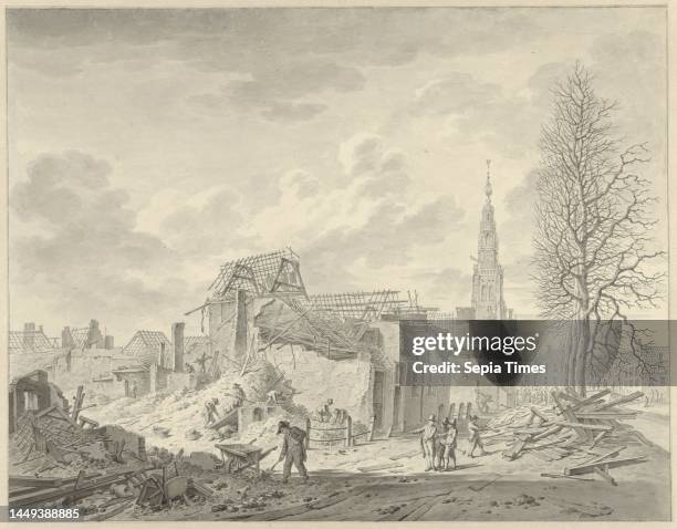 View of the Rapenburg in Leiden after the gunpowder disaster of 12 January 1807, Leendert Overbeek draughtsman: Leendert Overbeek paper, pen, brush,...