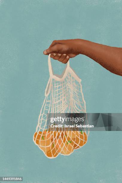 digital illustration of a hand holding a net bag with oranges. - reusable shopping bag drawing stock-fotos und bilder