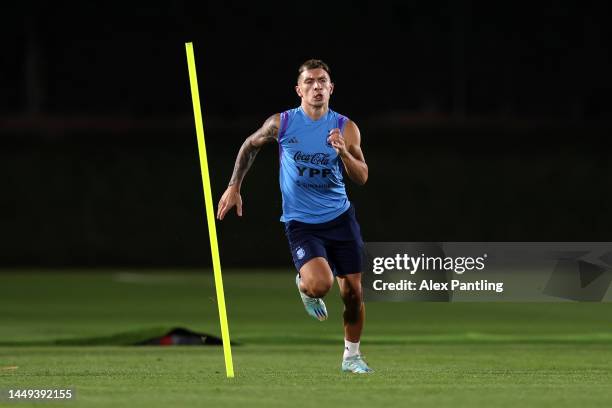 Lisandro Martinez of Argentina trains during the Argentina training session ahead of the World Cup Final match against France at Qatar University on...