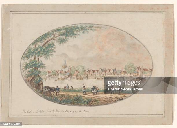 View of Lekkerkerk, seen from the other side of the Lek River, H. Bos, c. 1750 - c. 1810, In front figures and a horse. On the water sailing and...