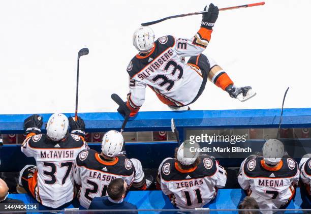 Jakob Silfverberg of the Anaheim Ducks hops the boards against the Toronto Maple Leafs during the first period at the Scotiabank Arena on December...