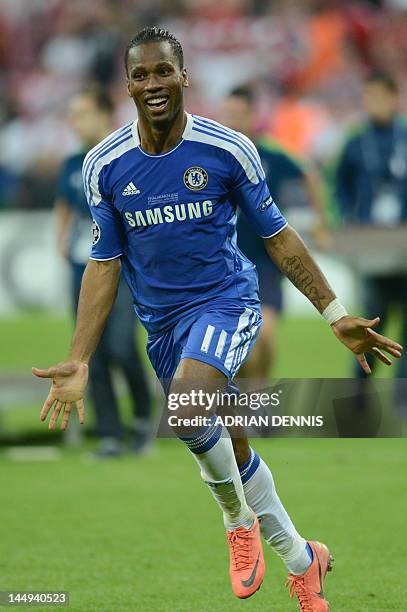 Chelsea's Ivorian forward Didier Drogba celebrates after scoring during the UEFA Champions League final football match between FC Bayern Muenchen and...