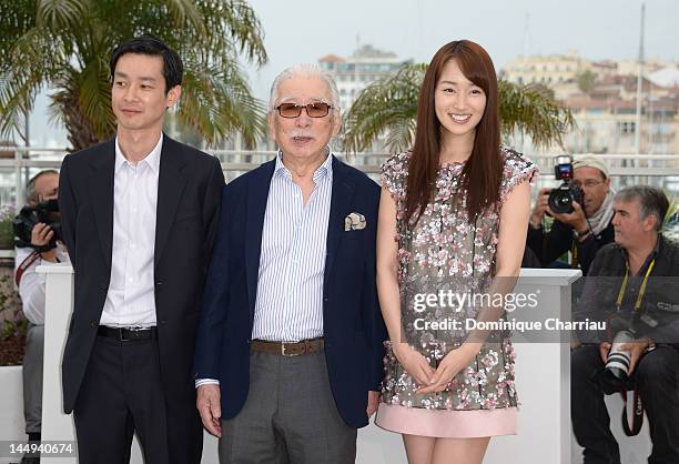 Actors Ryo Kase, Tadashi Okuno and Rin Takanashi pose at the "Like Someone In Love" Photocall during the 65th Annual Cannes Film Festival at Palais...