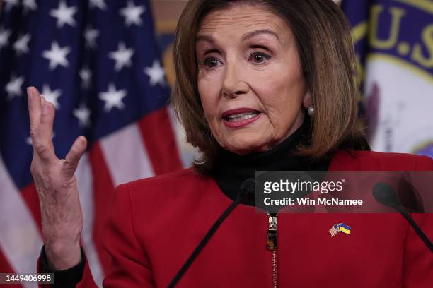 Speaker of the House Nancy Pelosi answers questions during her weekly press conference at the U.S. Capitol on December 15, 2022 in Washington, DC....