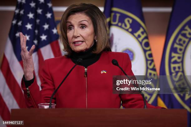 Speaker of the House Nancy Pelosi answers questions during her weekly press conference at the U.S. Capitol on December 15, 2022 in Washington, DC....
