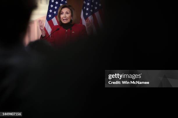 Speaker of the House Nancy Pelosi answers questions during her weekly press conference at the U.S. Capitol on December 15, 2022 in Washington, DC....