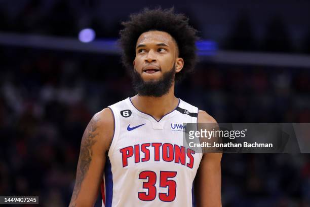 Marvin Bagley III of the Detroit Pistons reacts against the New Orleans Pelicans the New Orleans Pelicans during a game at the Smoothie King Center...