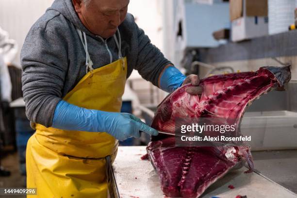 Fishmonger John Lee, 67-years-old, from New Jersey, handles large yellowfin tuna during the early hours of the morning at The Fulton Fish Market in...