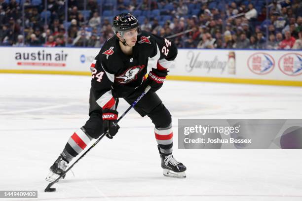 Dylan Cozens of the Buffalo Sabres shoots during the second period of an NHL hockey game against the Los Angeles Kings at KeyBank Center on December...