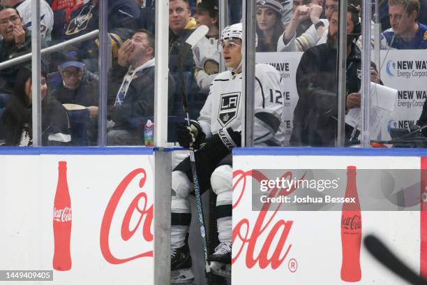 Trevor Moore of the Los Angeles Kings sits in the penalty box during the second period of an NHL hockey game against the Buffalo Sabres at KeyBank...