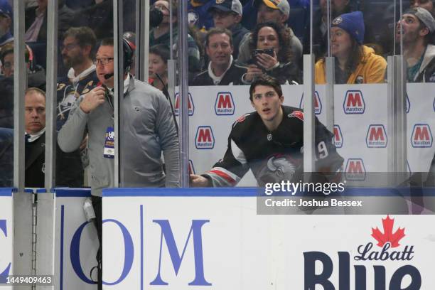 Peyton Krebs of the Buffalo Sabres sits in the penalty box during the third period of an NHL hockey game against the Los Angeles Kings at KeyBank...