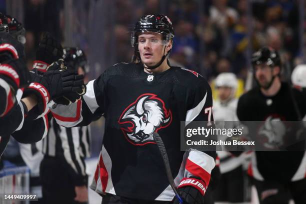 Victor Olofsson of the Buffalo Sabres celebrates after his goal during the third period of an NHL hockey game against the Los Angeles Kings at...