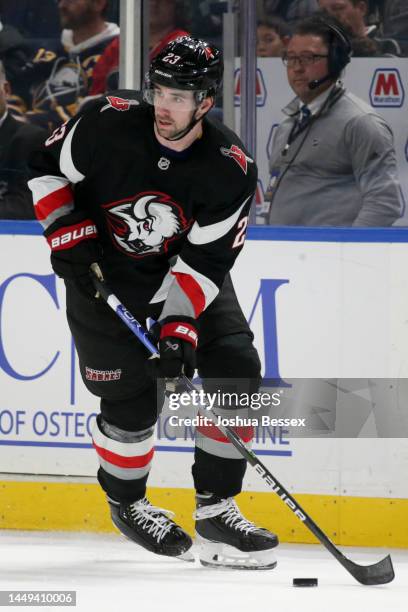 Mattias Samuelsson of the Buffalo Sabres skates during the third period of an NHL hockey game against the Los Angeles Kings at KeyBank Center on...