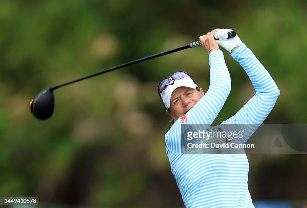 Annika Sorenstam of Sweden plays a shot during the Thursday pro-am as a preview for the 2022 PNC Championship at The Ritz-Carlton Golf Club on...